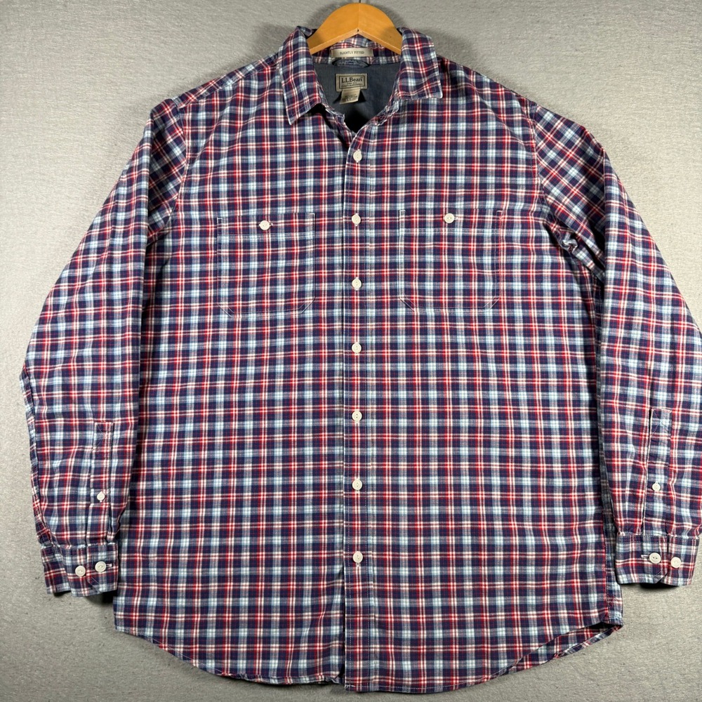 LL Bean Mens XL Tall Plaid Button Down Shirt Red Blue White Slightly‎ Fitted
